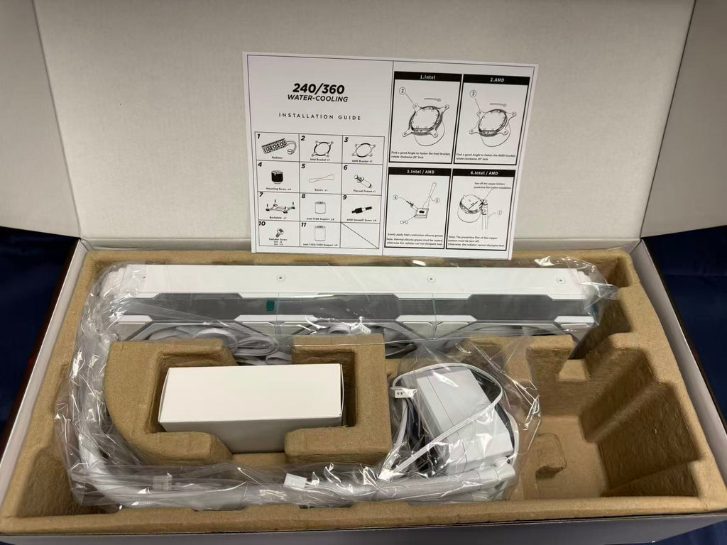 Open HotBell HB3XCF1 white liquid CPU cooler package with radiator, pump display, cables, protective inserts, and installation guide