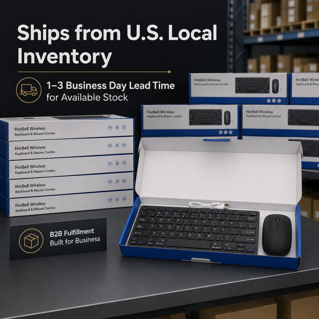 Hotbell Wireless keyboard and mouse combo in packaging with warehouse background
