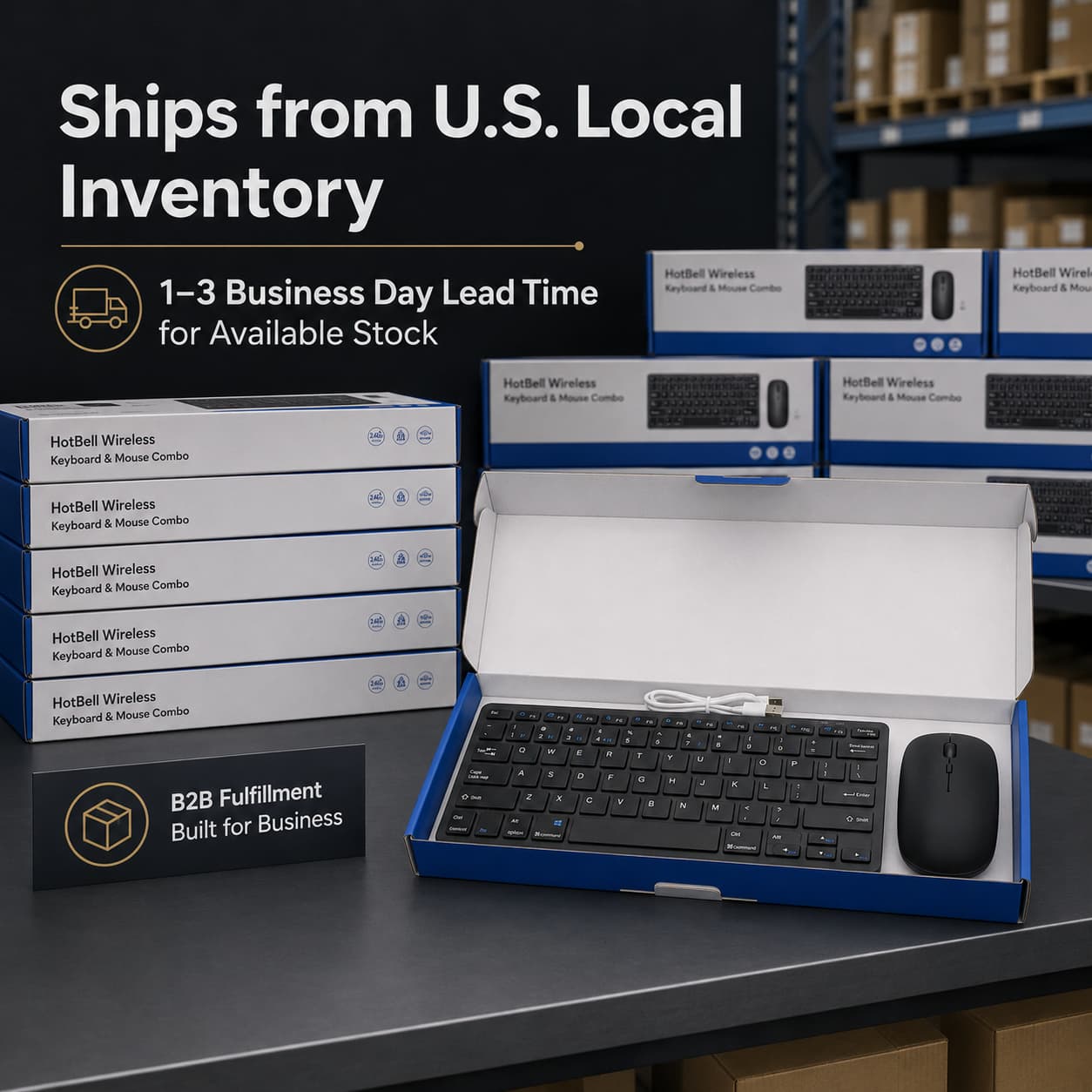 Hotbell Wireless keyboard and mouse combo in packaging with warehouse background