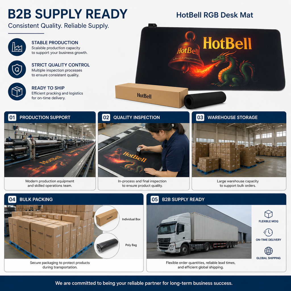 HotBell RGB desk mat B2B supply process showing production, quality inspection, warehouse storage, bulk packing, and shipping
