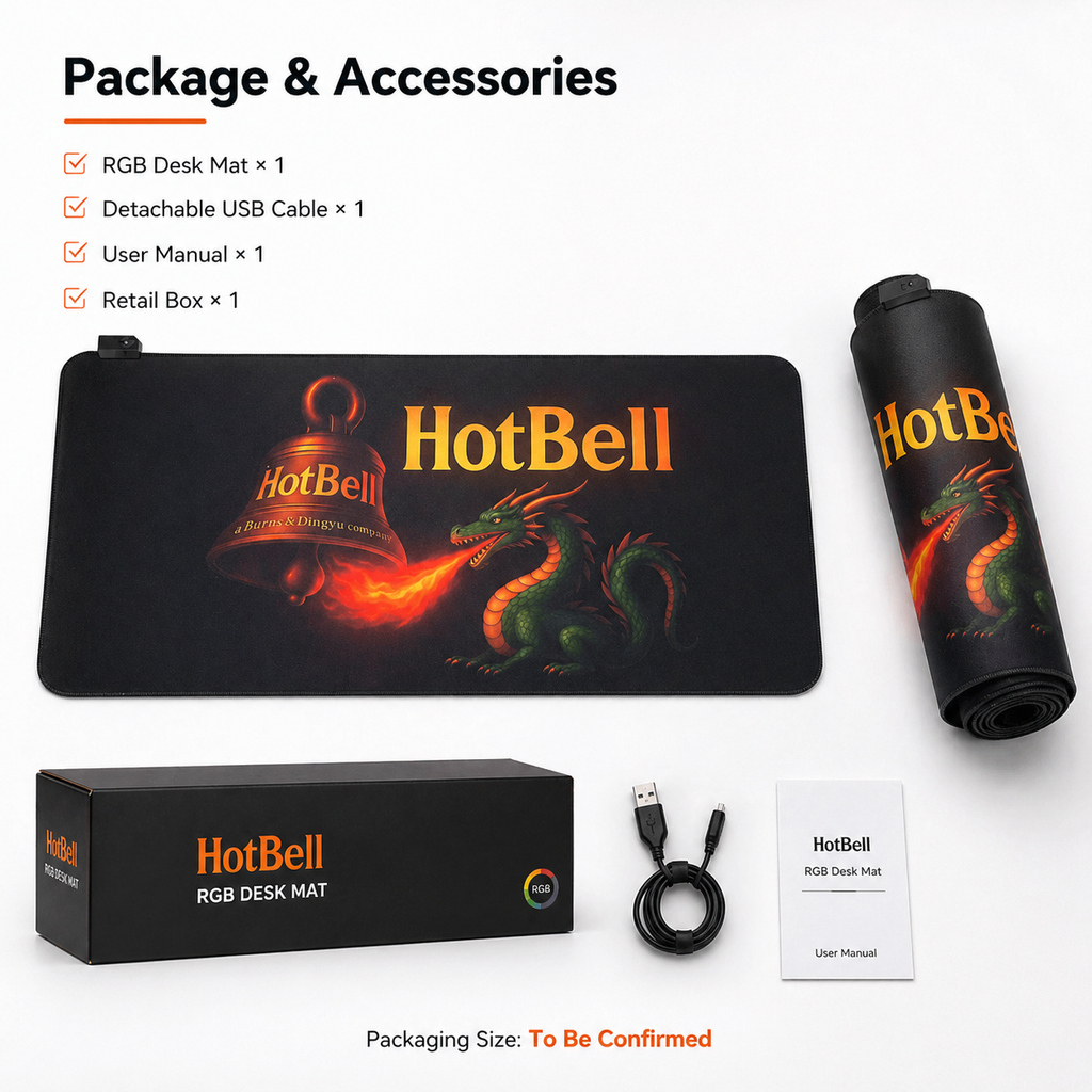 Package and accessories layout for a HotBell RGB desk mat on a white background, including the desk mat, rolled mat, retail box, detachable USB cable, and user manual. The desk mat and box feature a black base with a green dragon and orange fiery bell graphic, and the HotBell brand name is prominently visible.