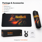 Package and accessories layout for a HotBell RGB desk mat on a white background, including the desk mat, rolled mat, retail box, detachable USB cable, and user manual. The desk mat and box feature a black base with a green dragon and orange fiery bell graphic, and the HotBell brand name is prominently visible.
