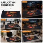 HotBell extended desk mat shown in gaming, office, creator desk, home workspace, and ecommerce packing setups