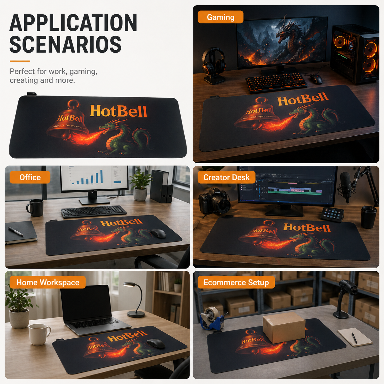 HotBell extended desk mat shown in gaming, office, creator desk, home workspace, and ecommerce packing setups