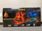 HotBell HB-40CS120-5K retail packaging showing 5K resolution, 2500R curvature, IPS panel, 120Hz refresh rate, and 1ms response time