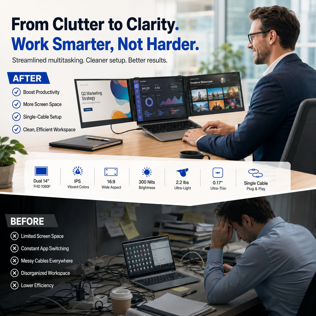 Professional using the HotBell S8 Ultra dual-screen laptop extender for a cleaner three-screen workspace, multitasking and office productivity.