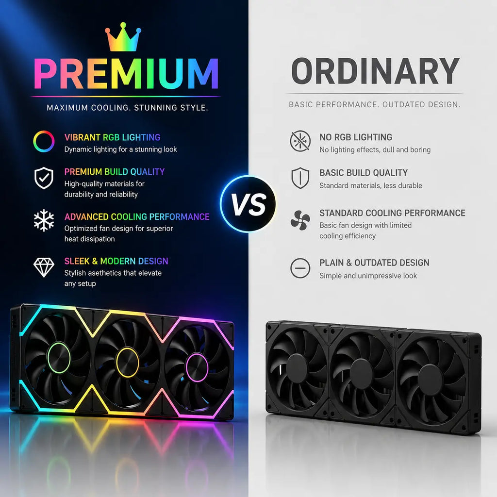 Comparison of a HotBell triple 120mm ARGB PWM fan kit with RGB lighting and a standard non-RGB three-fan setup.