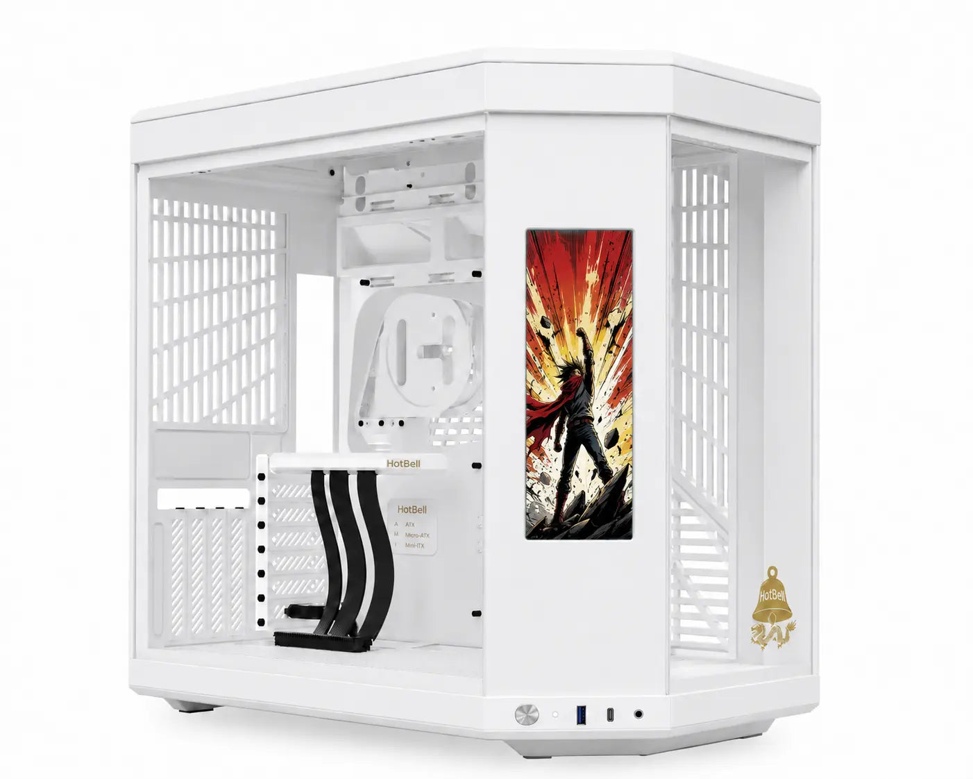 HotBell white panoramic PC case chassis with vertical display panel and open interior