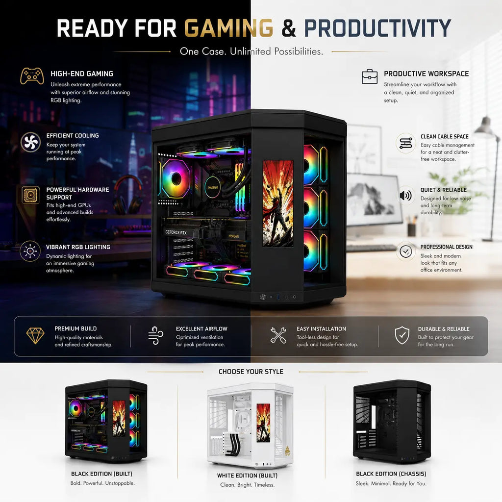 HotBell panoramic PC case for gaming and productivity with black built, white built, and black chassis options