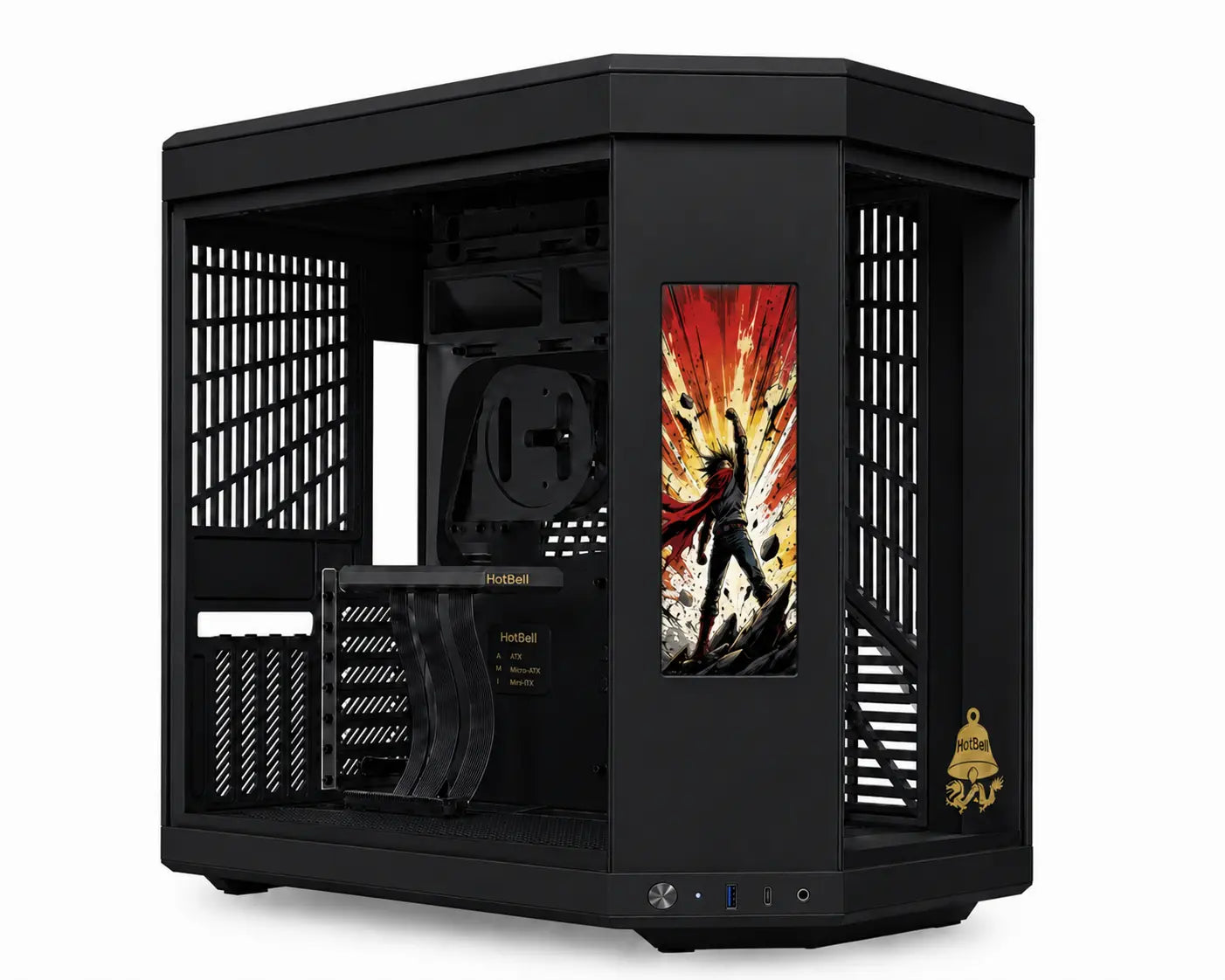 HotBell black panoramic PC case chassis with vertical display panel and open interior
