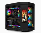 HotBell black panoramic gaming PC case with RGB fans, liquid cooling, and vertical display