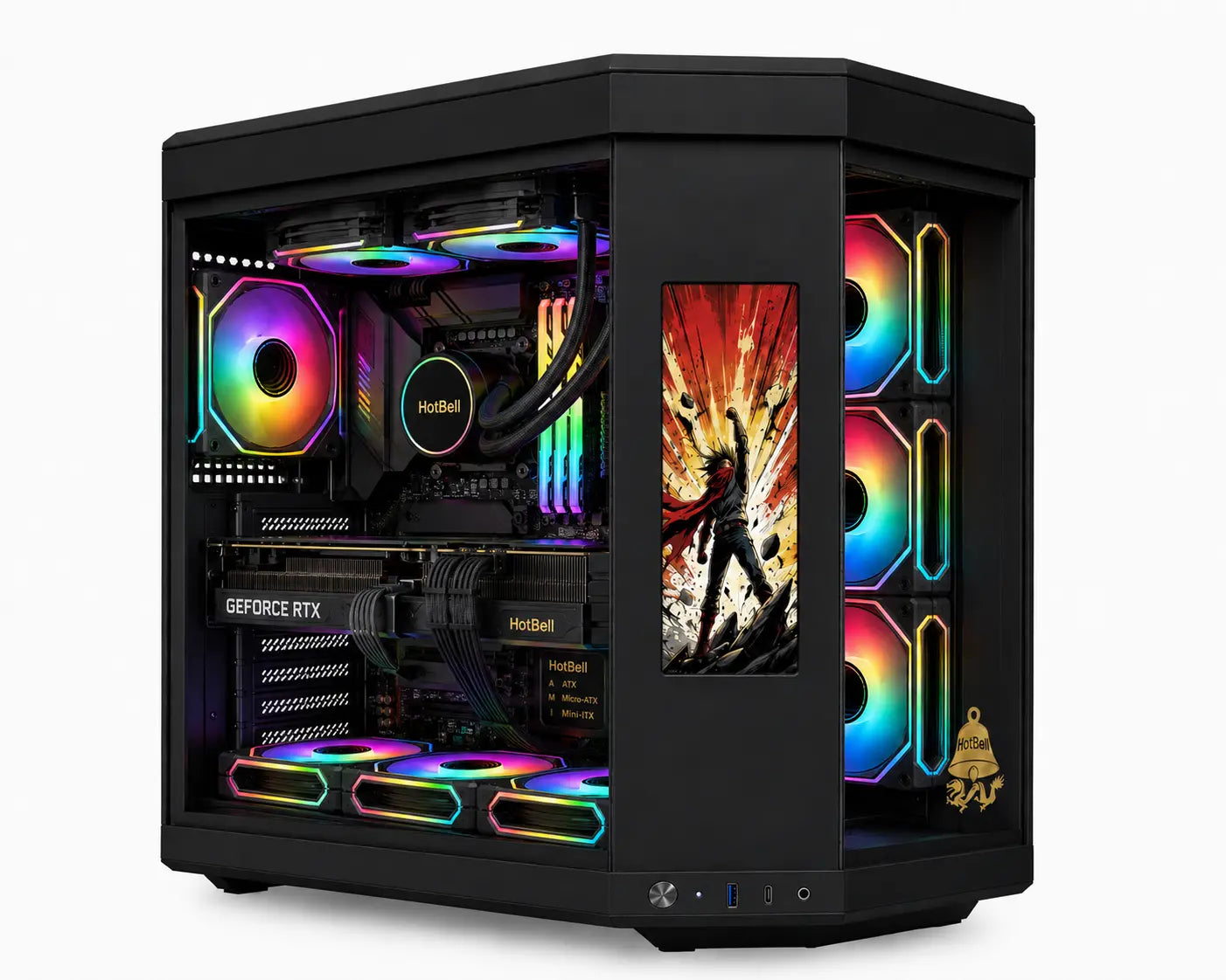 HotBell black panoramic gaming PC case with RGB fans, liquid cooling, and vertical display