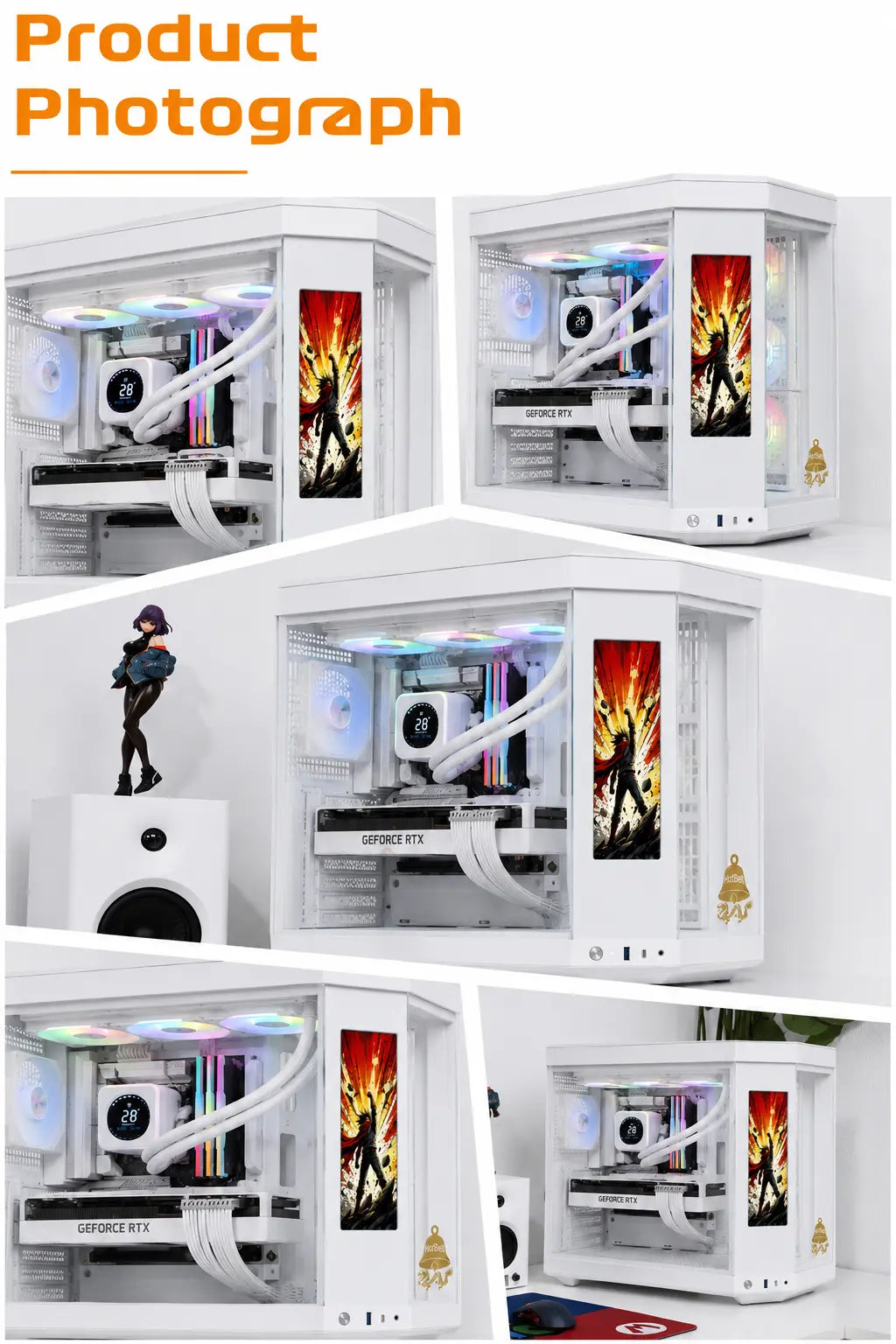 Collage of HotBell white panoramic PC case builds with RGB lighting shown from multiple angles