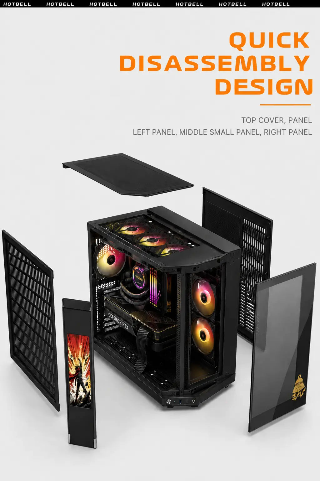 HotBell black panoramic PC case with removable top, side, front, and display panels