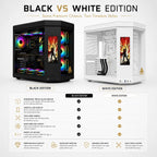 HotBell panoramic PC case comparison showing black and white editions with feature details