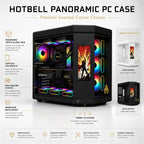 HotBell black panoramic PC case with RGB cooling, vertical display, glass panels, and front I/O