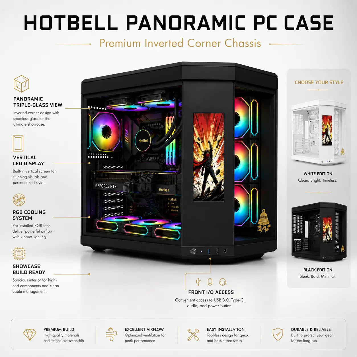 HotBell black panoramic PC case with RGB cooling, vertical display, glass panels, and front I/O