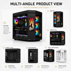 Multi-angle views of HotBell panoramic PC case showing front, side, rear, interior, black, and white options
