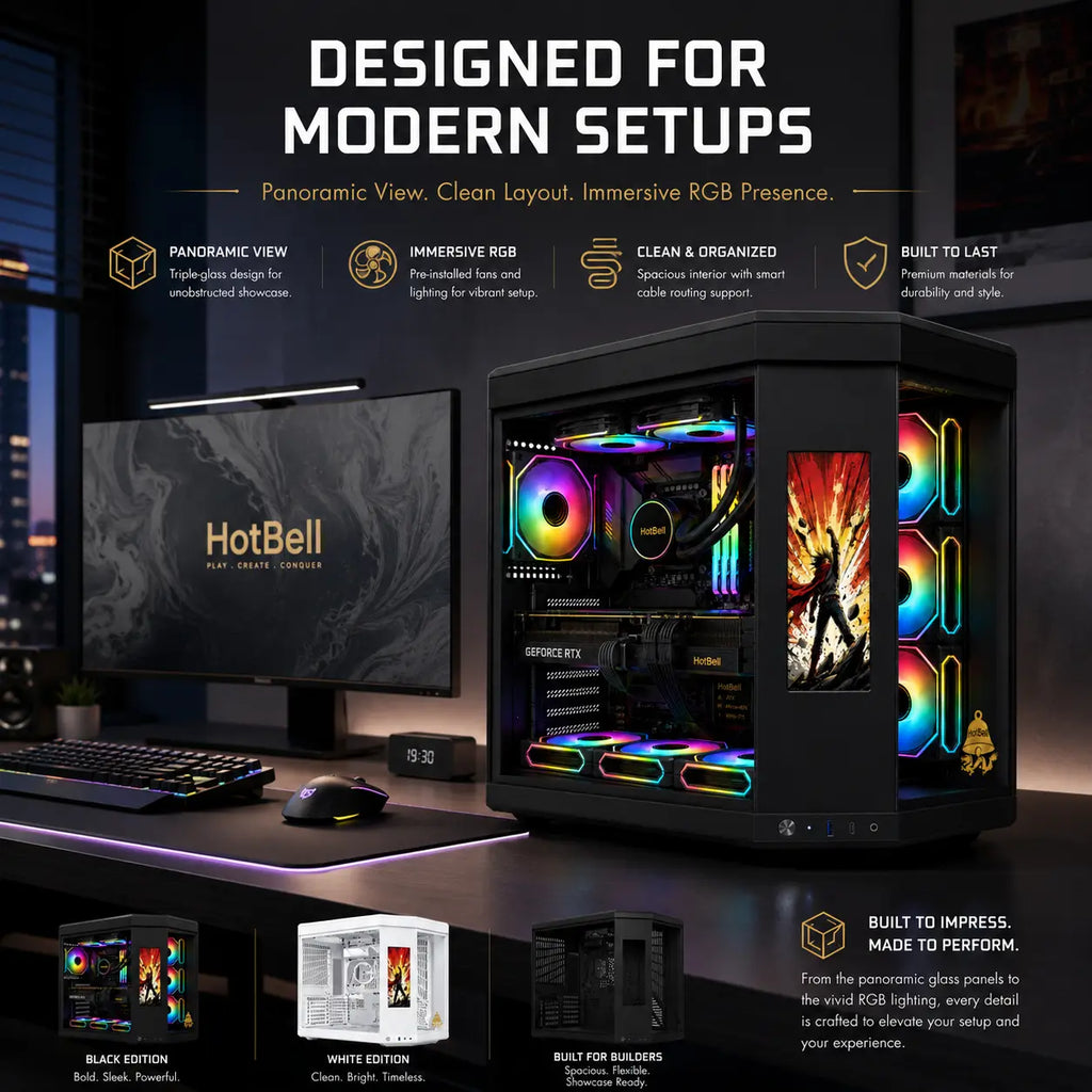 HotBell black panoramic gaming PC case with RGB lighting in a modern desktop setup