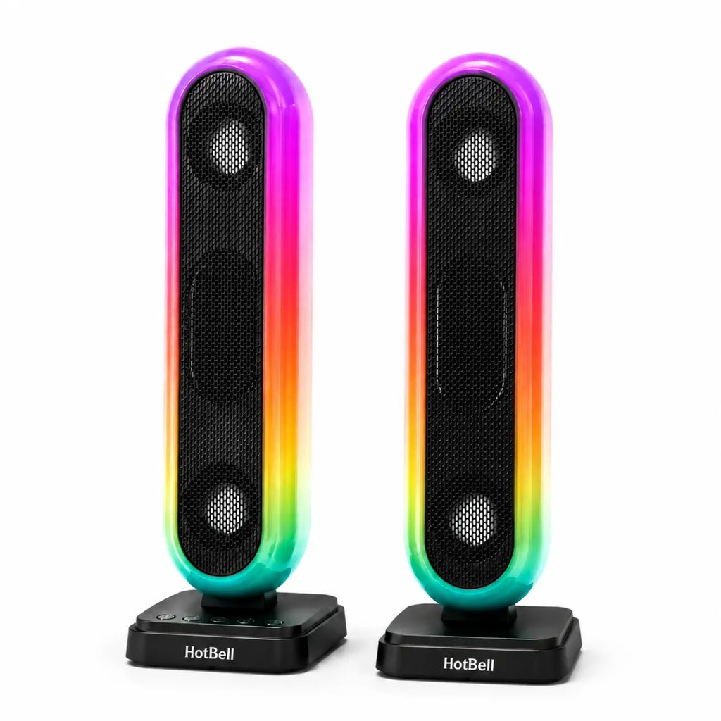 HotBell HBC300 RGB desktop speaker pair with black grilles and rainbow lighting on a white background
