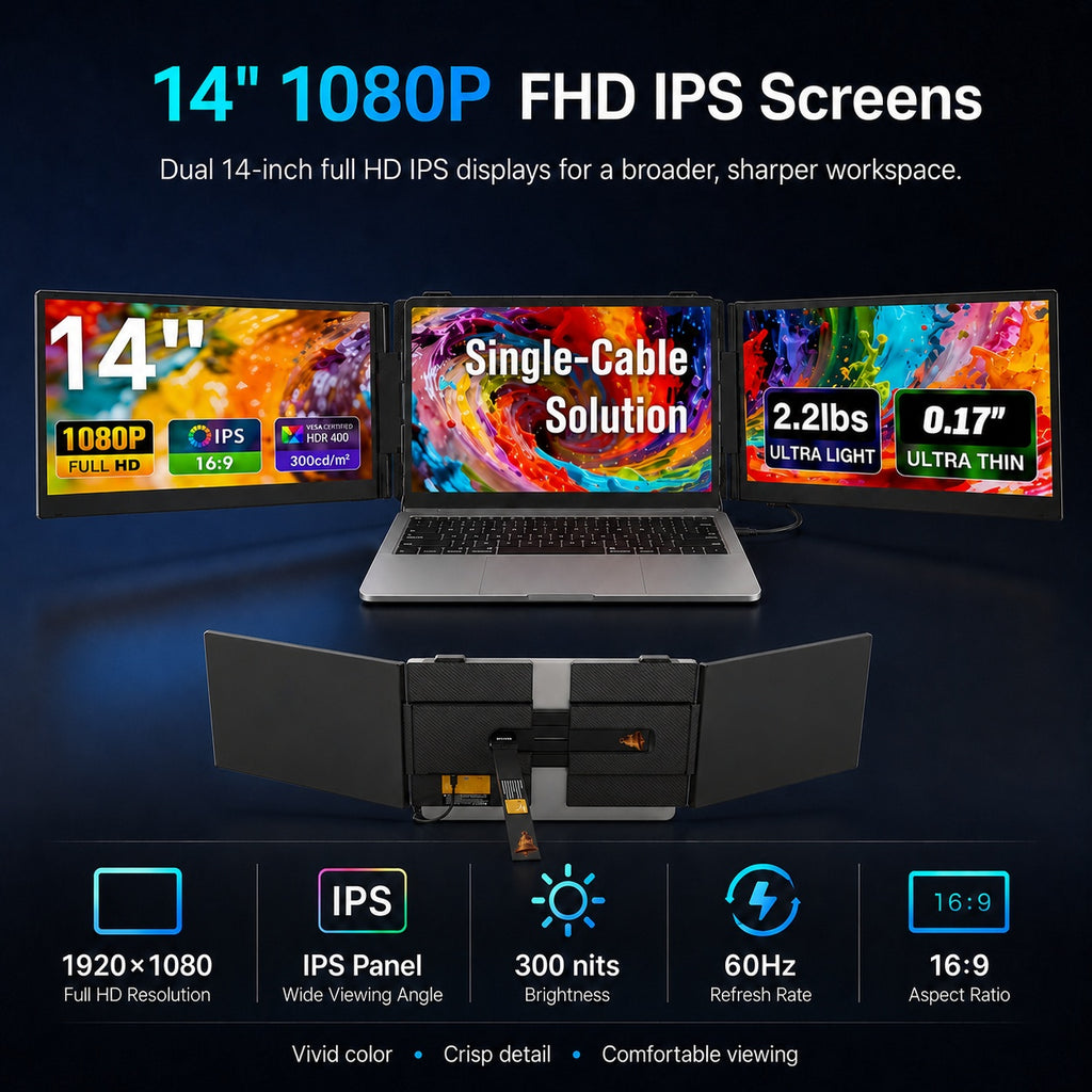 HotBell S8 Ultra dual 14-inch laptop screen extender with 1080p IPS displays, 300-nit brightness, 60Hz refresh rate and 16:9 aspect ratio.
