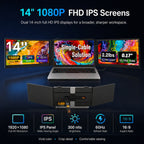 HotBell S8 Ultra dual 14-inch laptop screen extender with 1080p IPS displays, 300-nit brightness, 60Hz refresh rate and 16:9 aspect ratio.