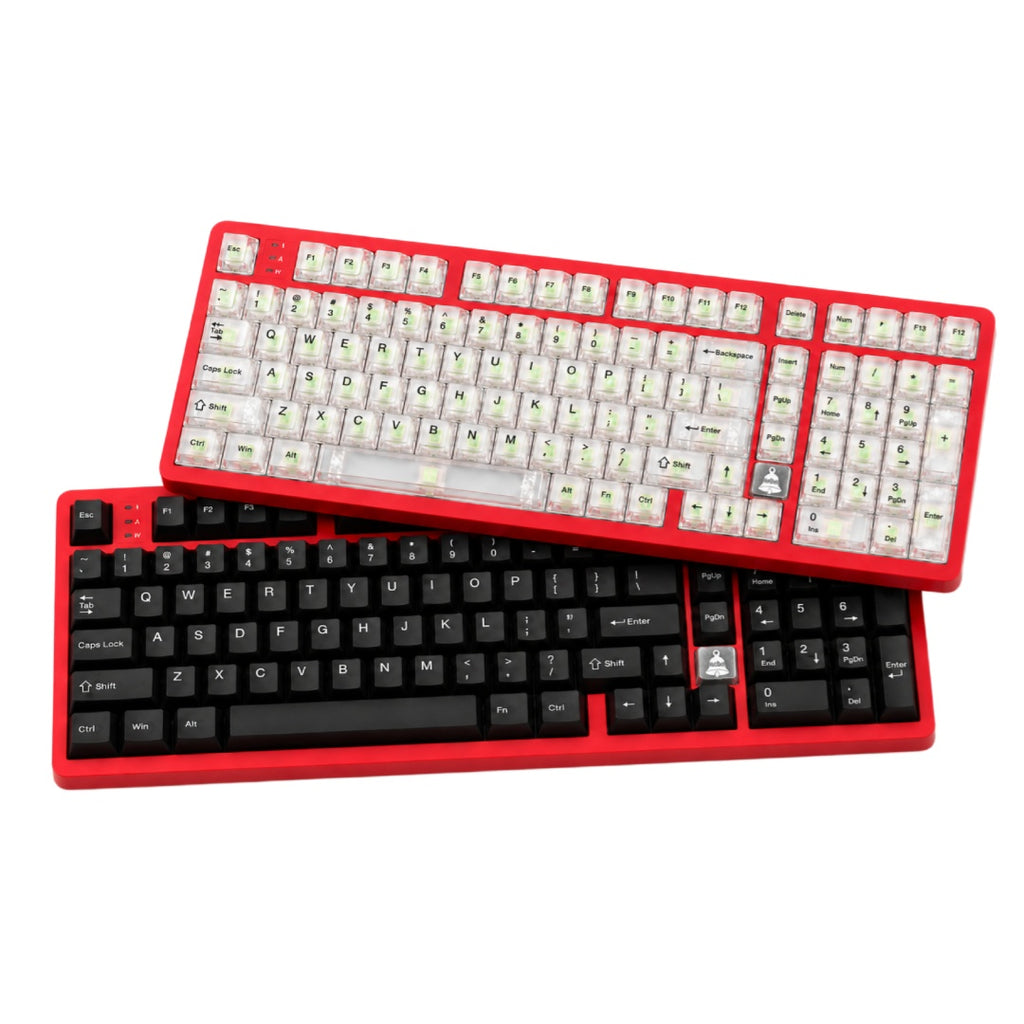 HotBell FireStrike Pro red mechanical keyboard shown with transparent and black keycap options