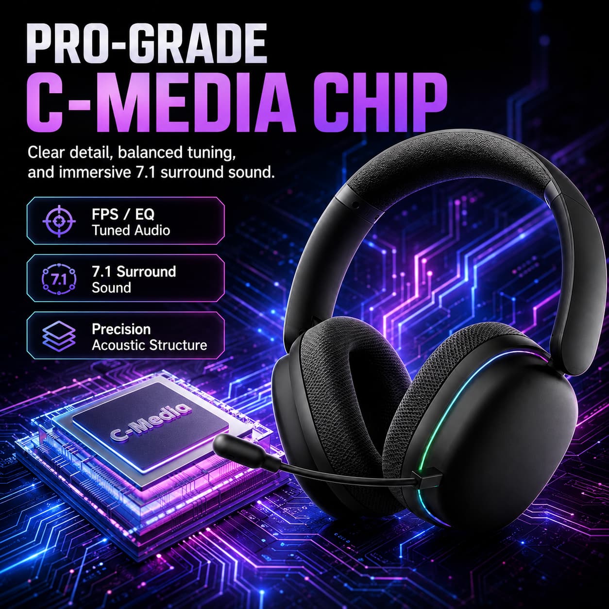 HotBell Wind G7PRO gaming headset with C-Media audio chip, tuned EQ, precision acoustic design, and 7.1 surround sound.