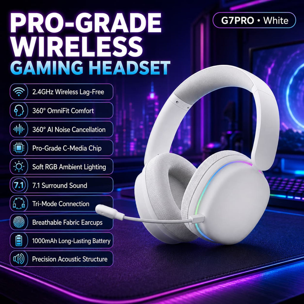 White HotBell Wind G7PRO wireless gaming headset with RGB lighting, boom microphone, breathable earcups, and tri-mode connectivity.