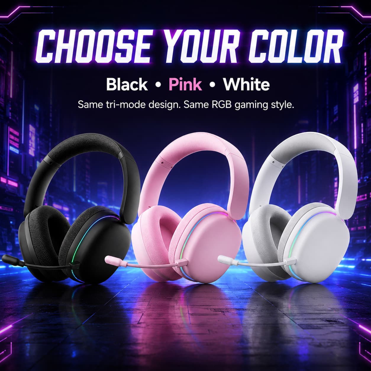 HotBell Wind G7PRO gaming headsets shown in black, pink, and white with RGB lighting and over-ear microphone design.