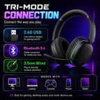 HotBell Wind G7PRO gaming headset showing 2.4GHz USB wireless, Bluetooth 5.4, and 3.5mm wired connection options.