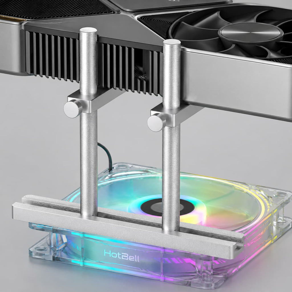 HotBell silver dual-post adjustable GPU support bracket installed beneath a graphics card in an RGB PC case