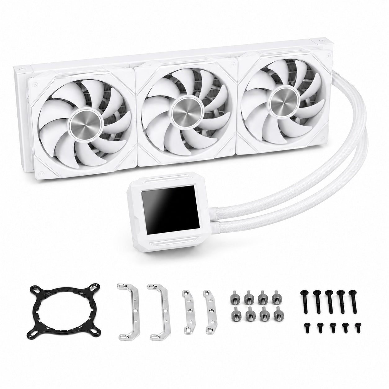 HotBell HB3XCF1 white 360mm liquid CPU cooler with triple-fan radiator, digital display, tubes, and mounting hardware