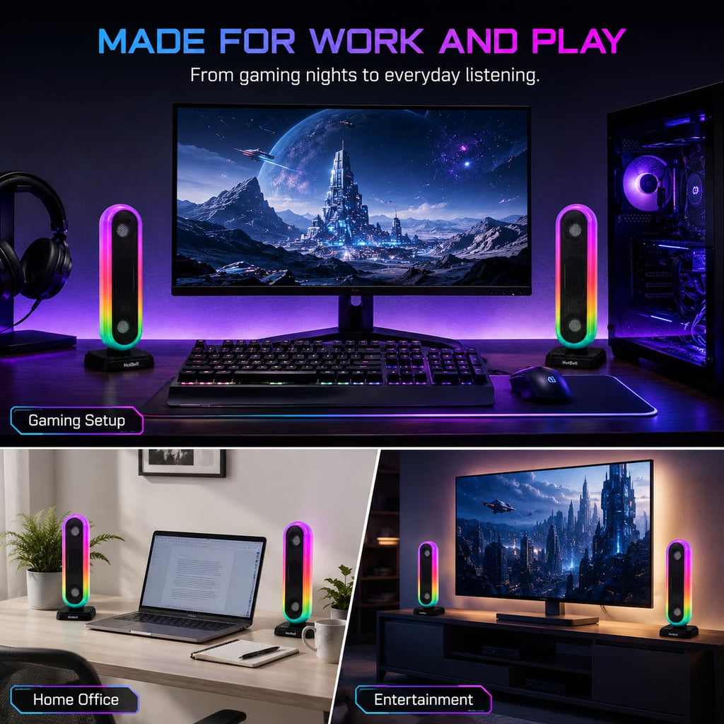 HotBell HBC300 RGB desktop speakers used in gaming, home office, and entertainment setups