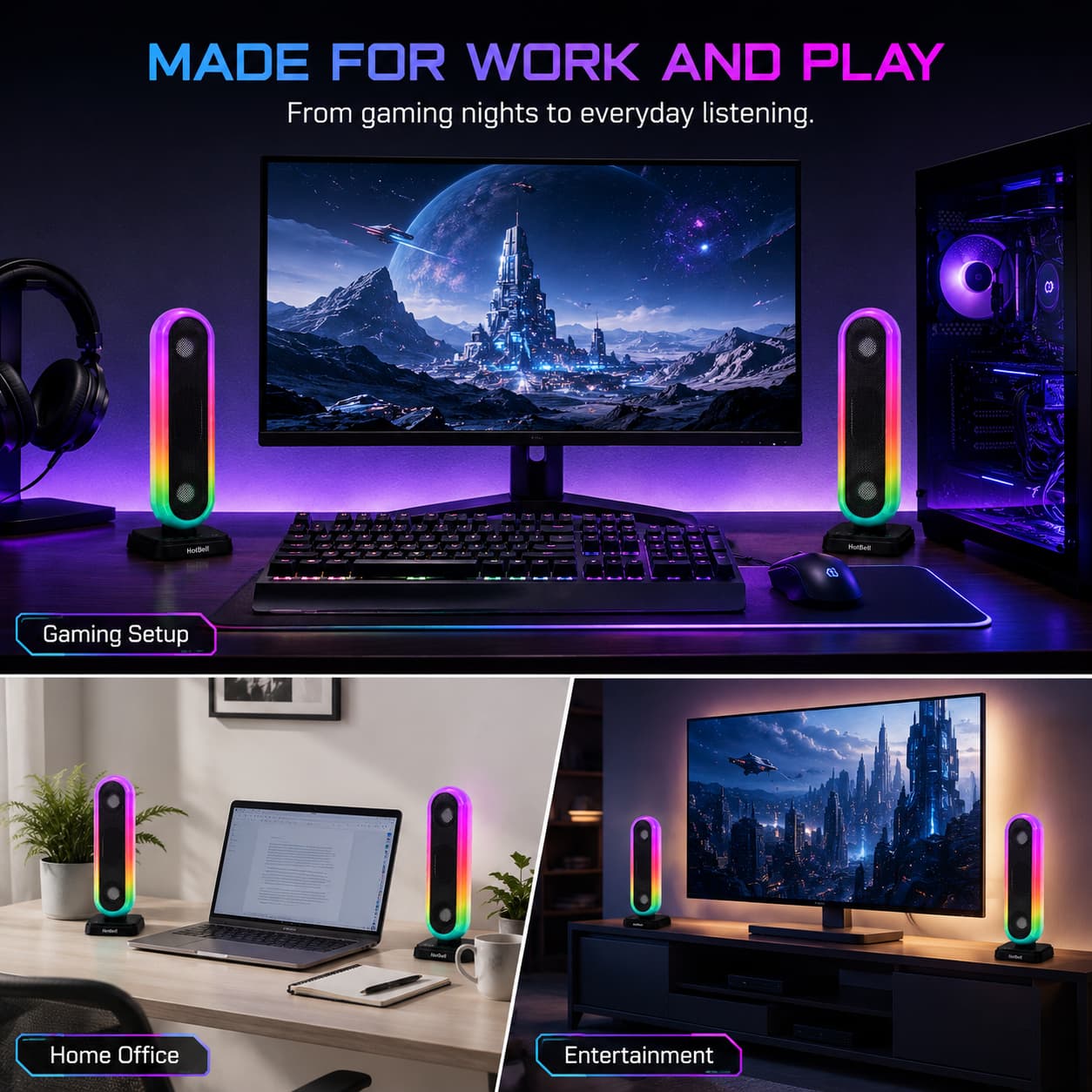 HotBell HBC300 RGB desktop speakers used in gaming, home office, and entertainment setups