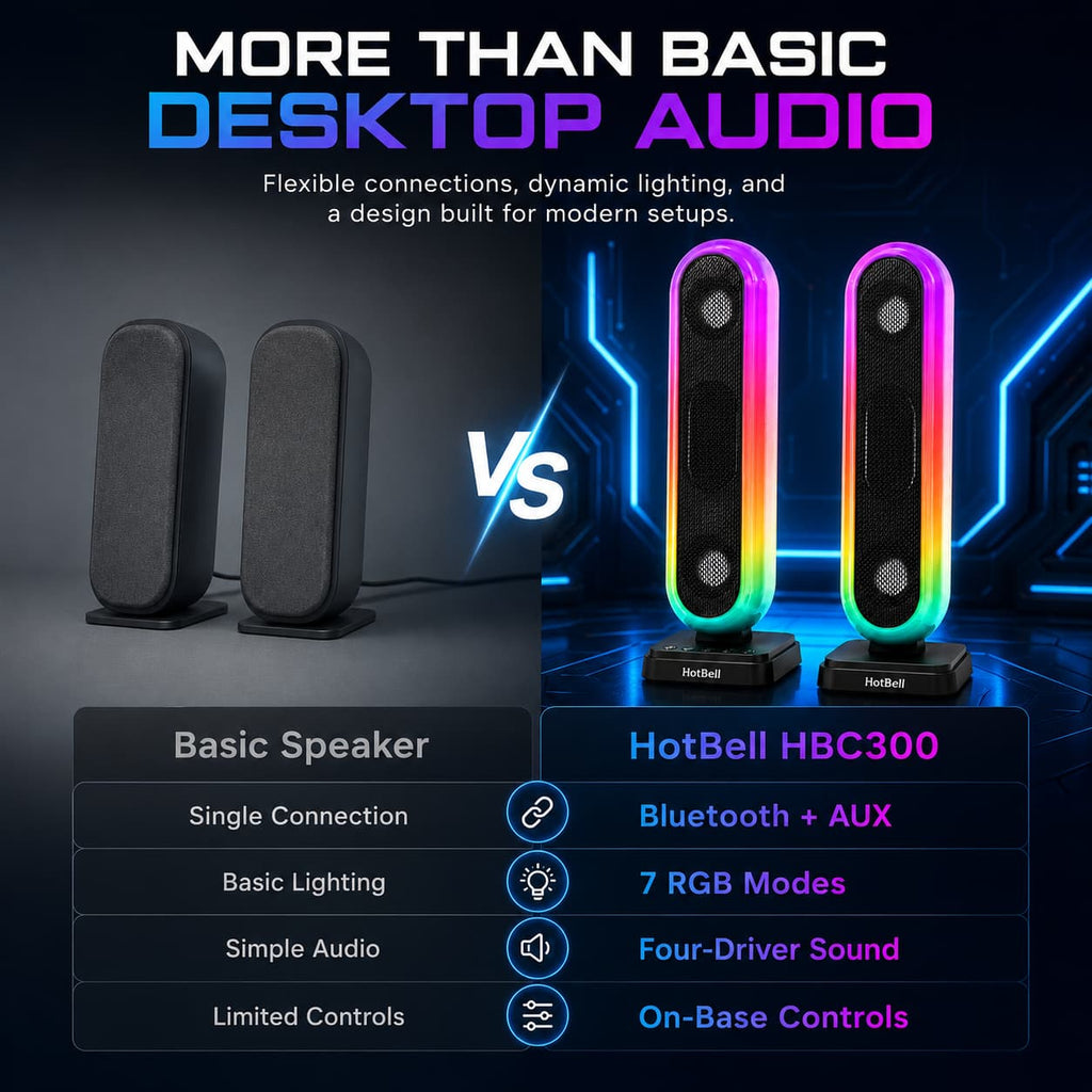 HotBell HBC300 RGB speakers compared with basic desktop speakers for connectivity, lighting, sound, and controls