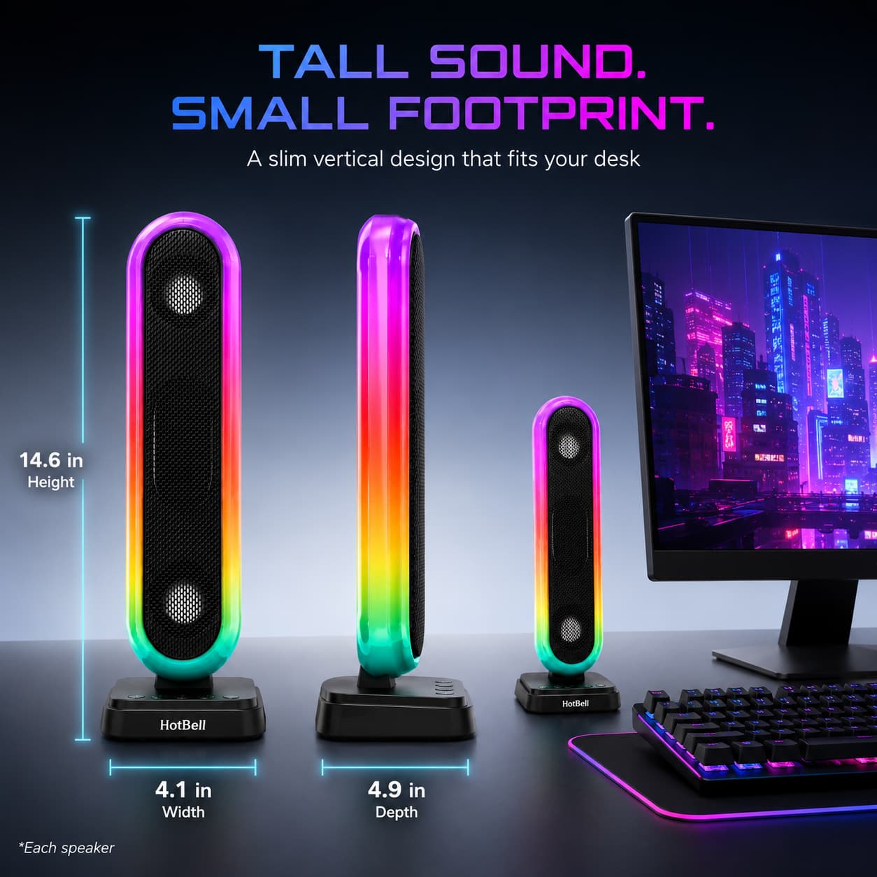 HotBell HBC300 slim vertical desktop speakers with 14.6-inch height, 4.1-inch width, and 4.9-inch depth