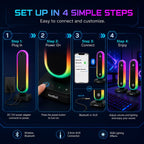 Four-step setup guide for HotBell HBC300 speakers using power, Bluetooth or AUX, and RGB controls