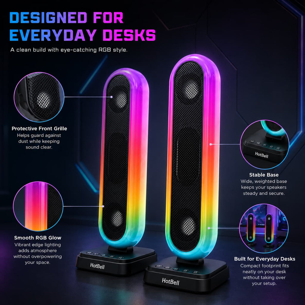 HotBell HBC300 RGB desktop speakers with protective grilles, stable bases, and compact vertical design