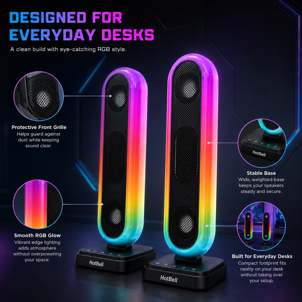 HotBell HBC300 RGB desktop speakers with protective grilles, stable bases, and compact vertical design