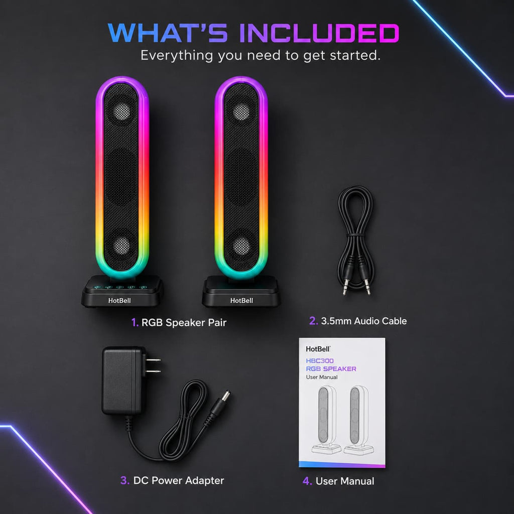HotBell HBC300 package contents with RGB speaker pair, 3.5mm audio cable, power adapter, and user manual