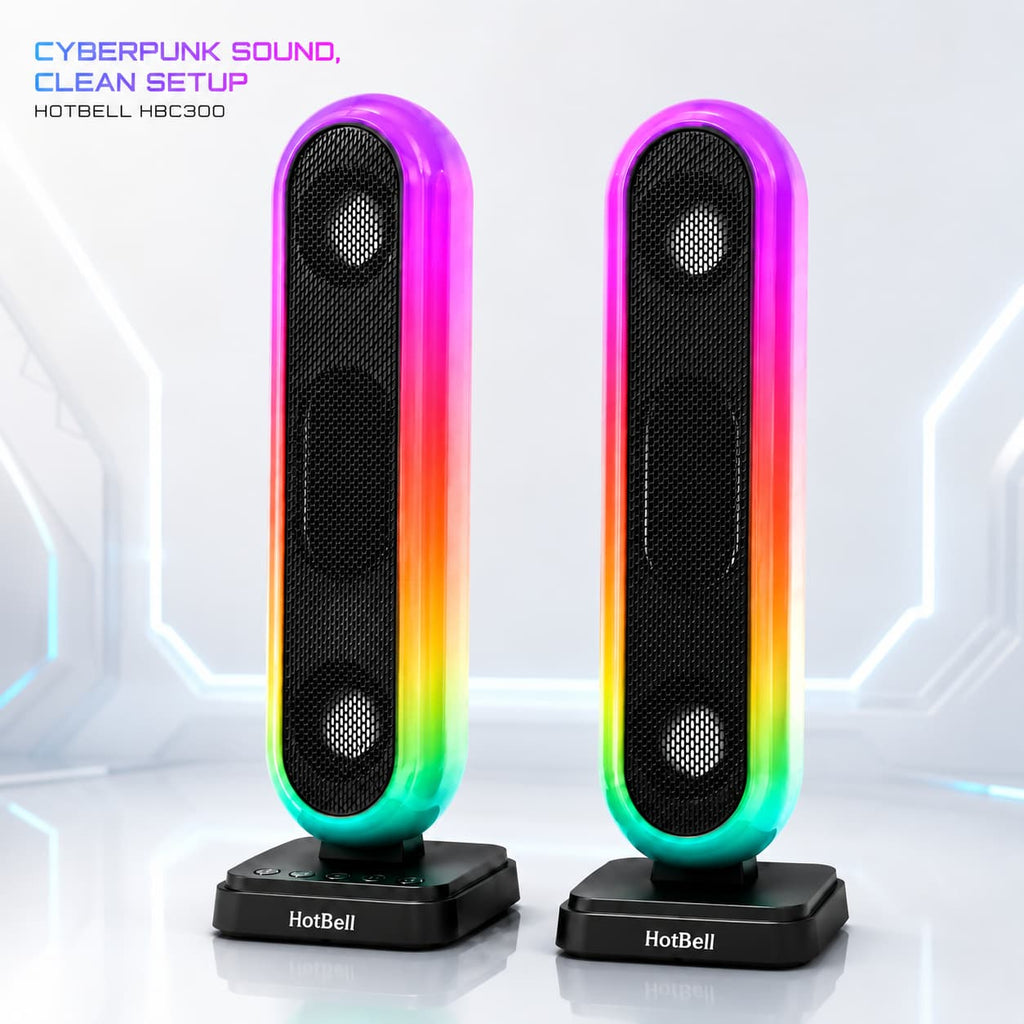 HotBell HBC300 vertical RGB computer speakers with black grilles in a futuristic desktop setting