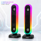 HotBell HBC300 vertical RGB computer speakers with black grilles in a futuristic desktop setting