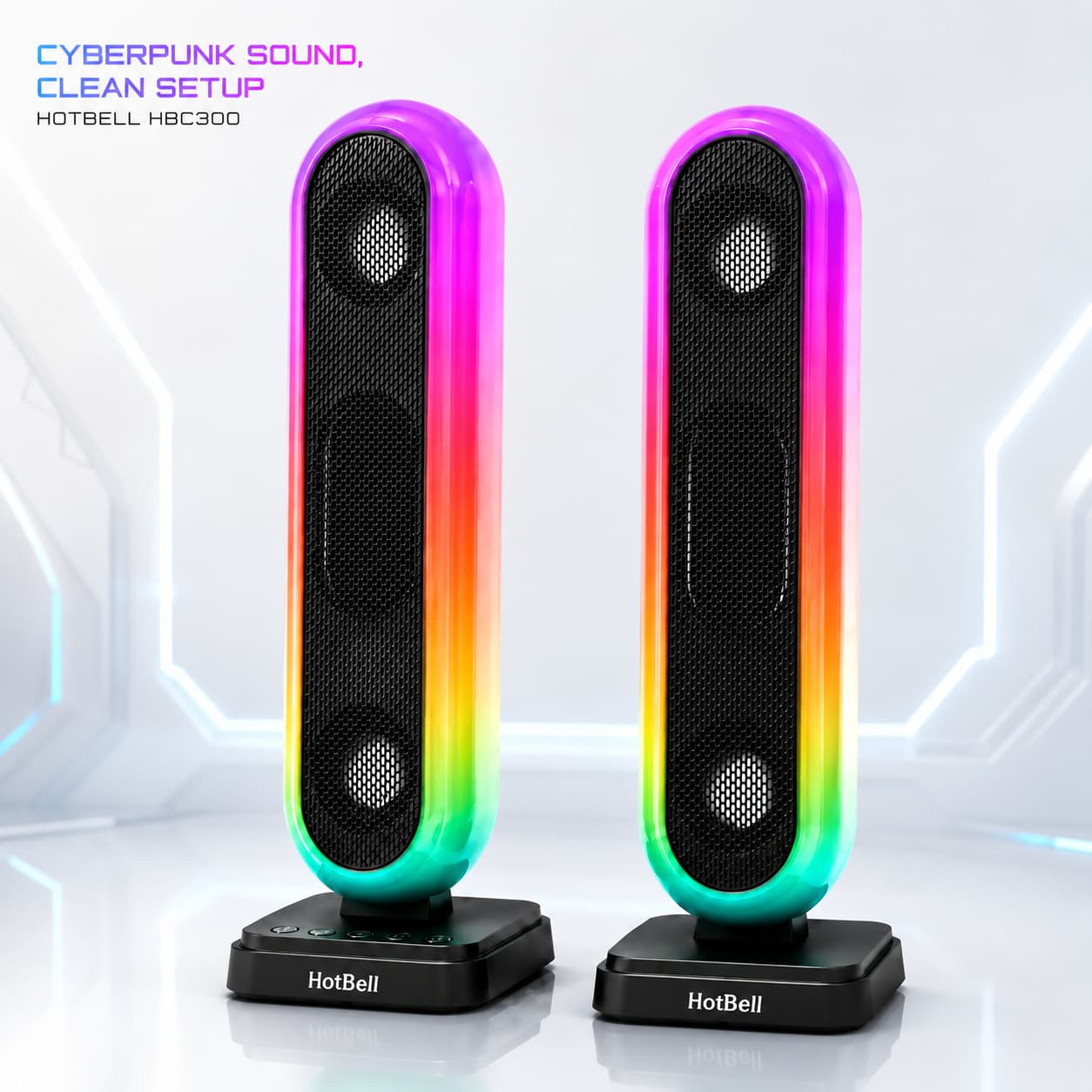 HotBell HBC300 vertical RGB computer speakers with black grilles in a futuristic desktop setting