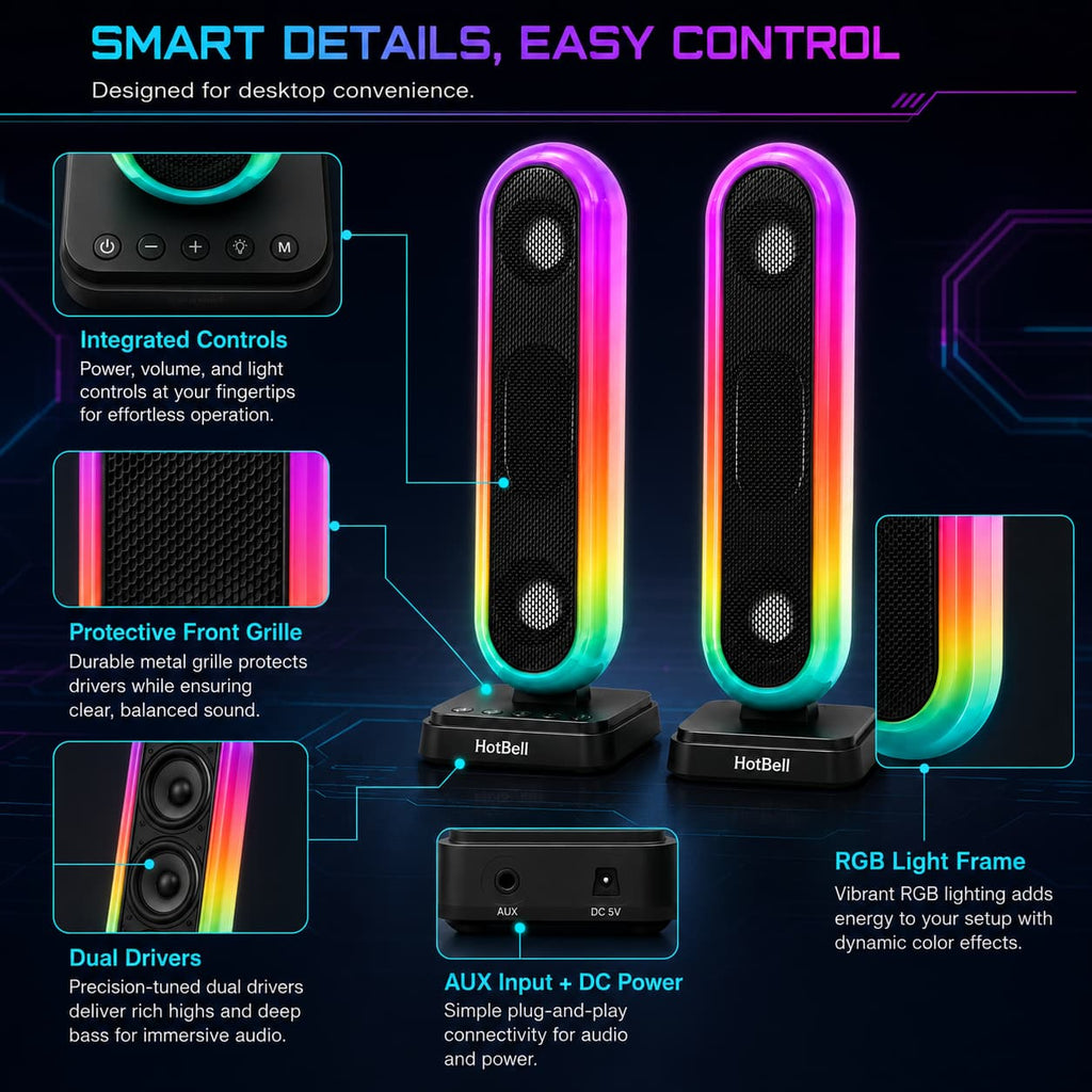 HotBell HBC300 speakers showing integrated controls, dual drivers, RGB light frame, AUX input, and power port