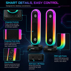HotBell HBC300 speakers showing integrated controls, dual drivers, RGB light frame, AUX input, and power port