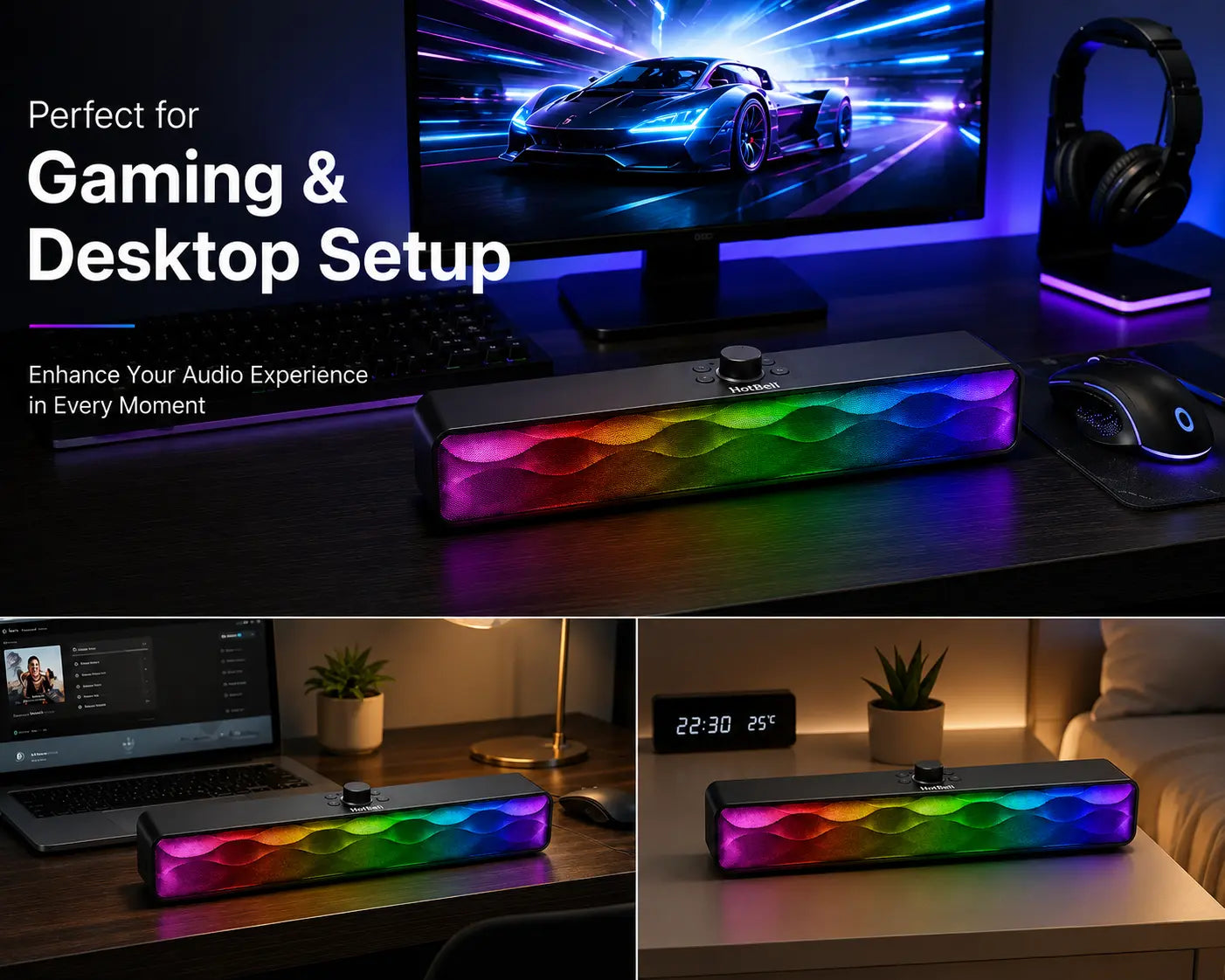 Gaming and desktop setup with a colorful LED speaker bar, monitor, keyboard, mouse, and headphones.