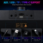 Back view of a speaker with connectivity options labeled, including AUX, USB, TF, and Type-C.