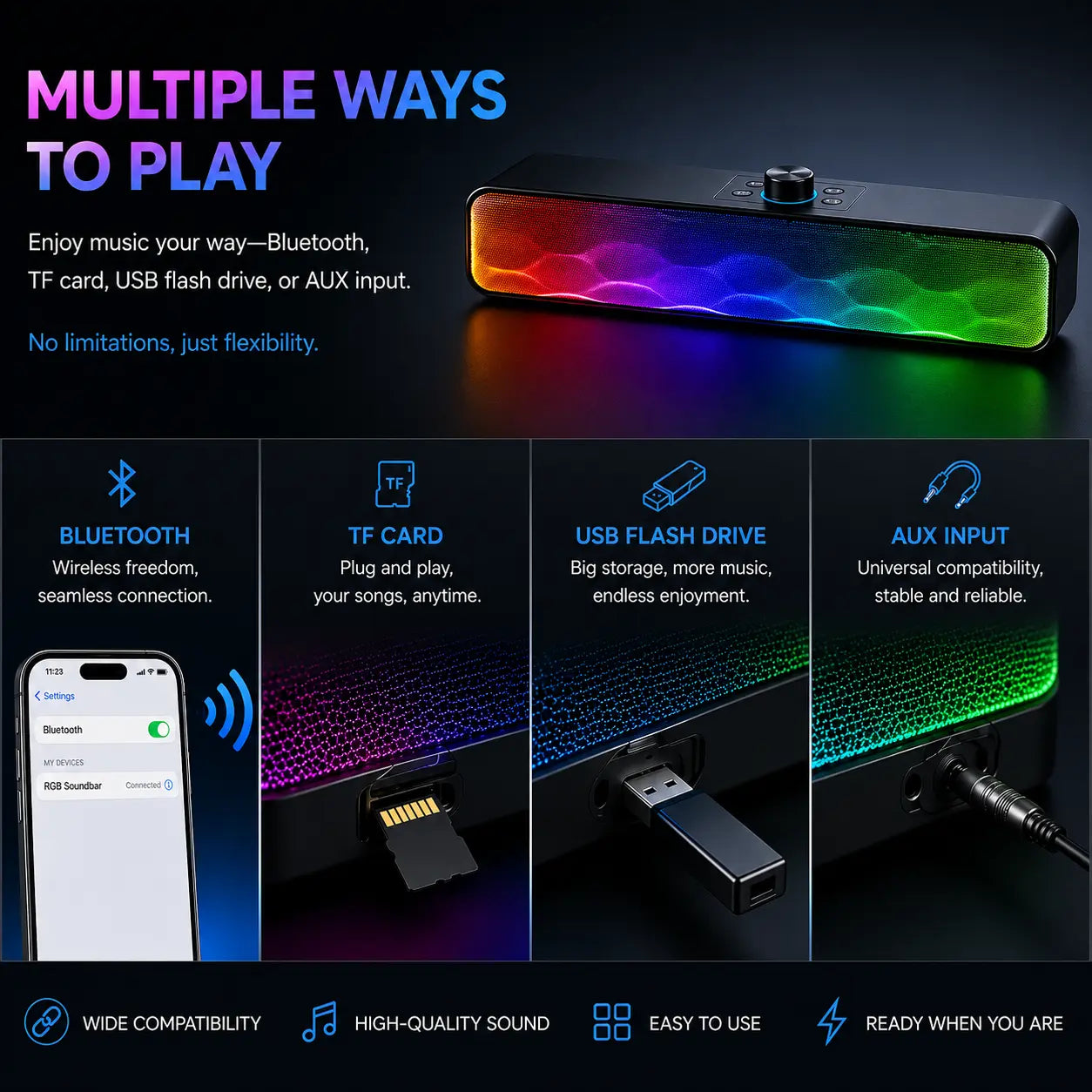 Multicolored LED light bar with connectivity options on a dark background