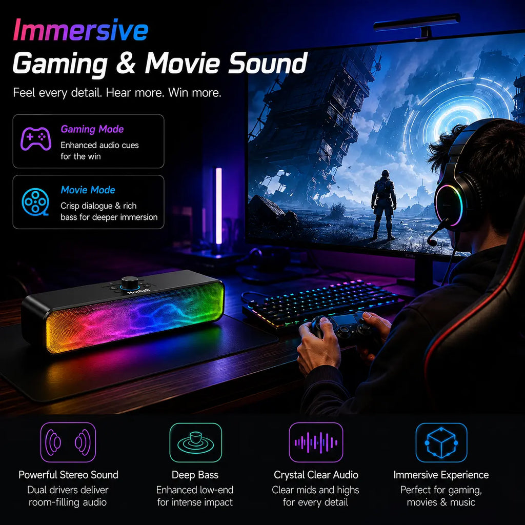 Person playing a video game with immersive gaming and movie sound features highlighted.